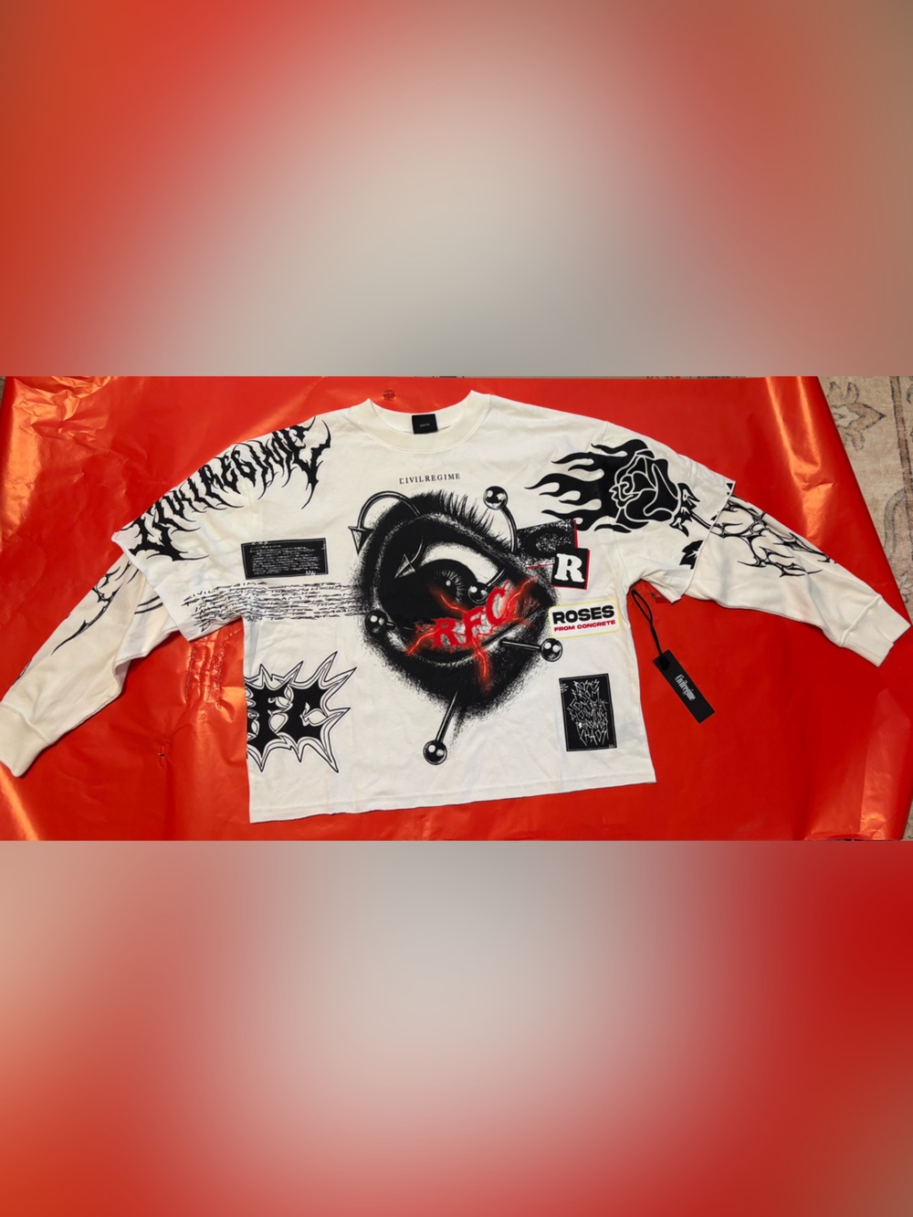 Graphic Civil Regime Eye Print Men's Tee in Black & White with Red Accents